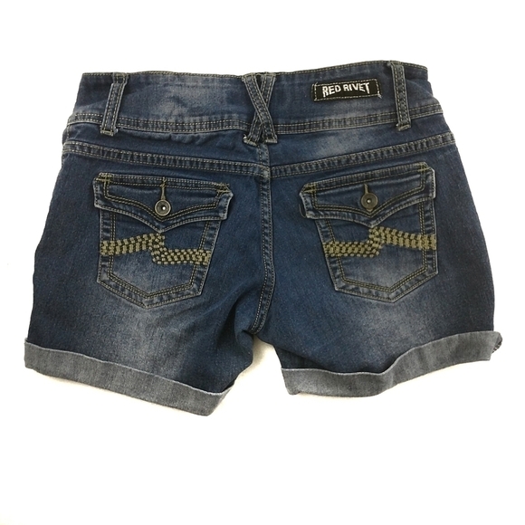RED RIVET JEAN SHORTS - Picture 2 of 6